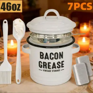 Vintage Enamel Bacon Grease Stotage Container 46oz Lid Safe Pouring Handle with Spatula.