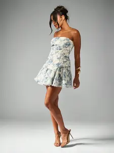 MISSGUIDED Chiffon Strapless Toile Print Mini Dress With Flare Skirt Ruffle Hem