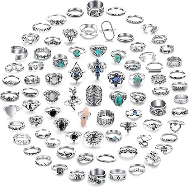 17 MILE 82 Pcs Vintage Silver Knuckle Rings Set for Women, Bohemian Stackable Joint Finger Rings, Retro Stone Crystal Stacking Midi Rings Pack