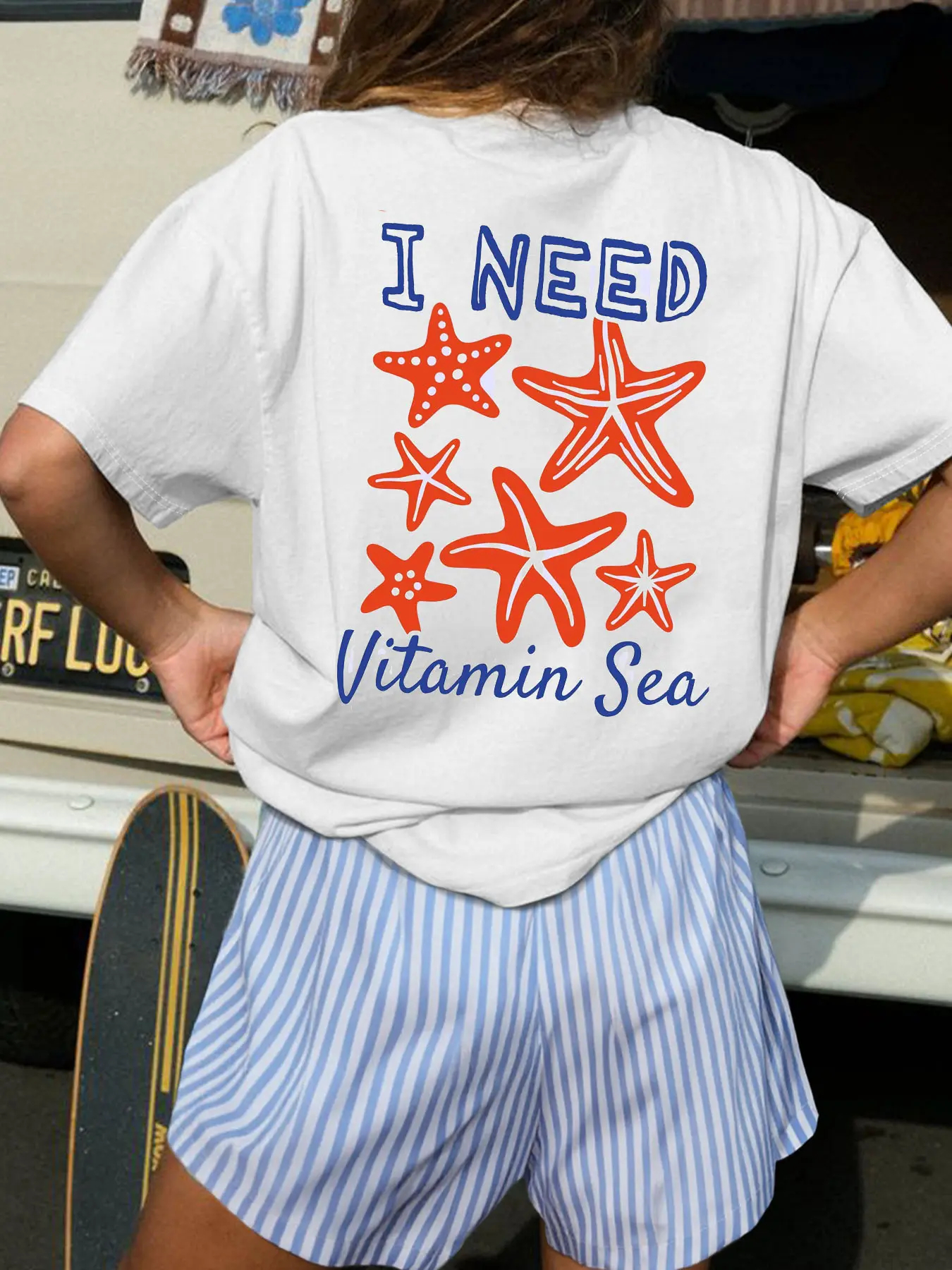 Two-Piece Set Women's Cartoon Starfish Print Loose Fit Round Neck Tee & Short Set, Stylish Casual Preppy Suit for Summer, Airport Outfits for Vacation, Clothes, Summer Lounge Set, Casual Fashion Set, Summer Matching Set
