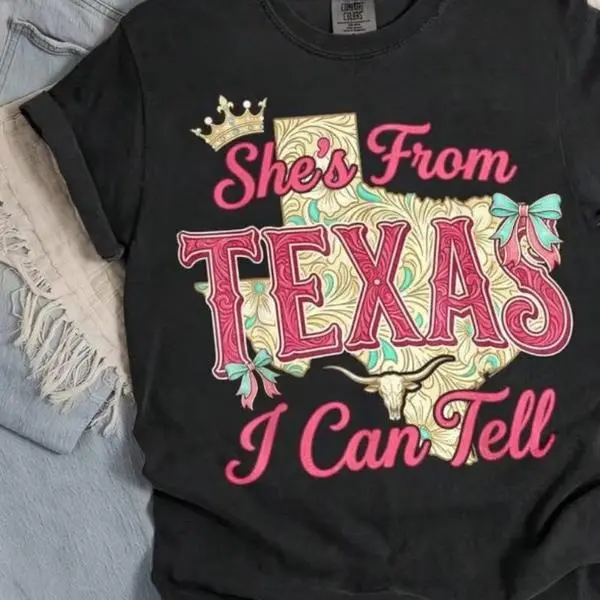 Shes From Texas I Can Tell Shirt Coquette Texas Tee Floral Texas Map Shirt WoWomens Short Sleeve Round Neck TShirt Casual And Elegant Fit Casual Summer Beachwear for Daily Wear Top WithWomen's Casual Trendy Printed T-Shirt