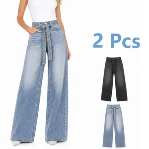 2pcs Women's Full Rhinestone Decorated High Waist Zipper Fly Jeans Casual Wide Leg Loose Fit Jeans with Rhinestone Waistband