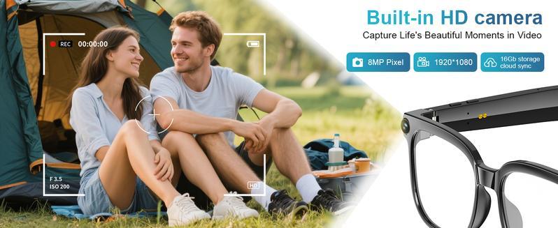 AI Smart Glasses with Camera and Audio, 8MP HD Camera Glasses for Men Women,1080P Video Recording Sunglasses,Real Time Translation,Voice Assistant, Open-Ear Audio for Travel, Meetings & Vlogging