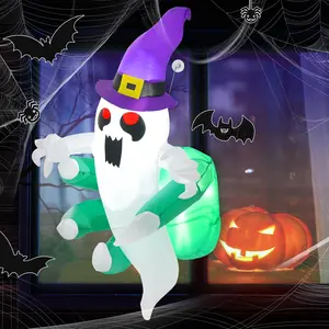 COSTWAY Halloween Inflatable Ghost/Pumpkin Broke Out from Window, Spooky Hanging Window Ghost with LED Lights, Indoor Outdoor Blow Up Flying Halloween Decor for Party, Yard, Haunted House