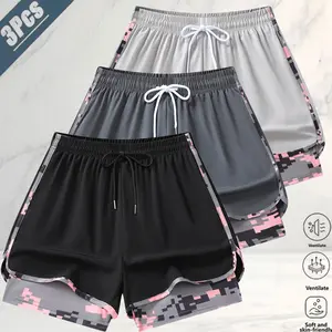 3-pack unisex streetwear faux two-piece quick-dry shorts featuring an American retro casual sporty style. Breathable, skin-friendly mesh fabric provides a cool, comfortable feel. Elastic drawstring waistband for a clean, structured look. Camouflage patchw