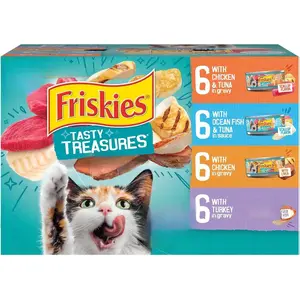 Purina Friskies Wet Cat Food Variety Pack, Tasty Treasures Prime Filets (With Chicken and Tuna, With Chicken, and With Ocean Fish and Tuna, and With Turkey) - (Pack of 24) 5.5 oz. Cans