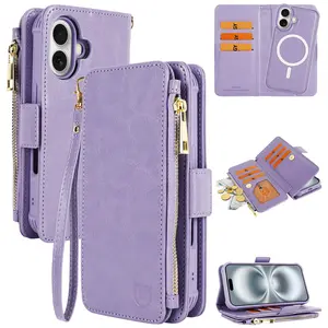 VANAVAGY Compatible for iPhone 16 Pro 16 Plus 16 Pro Max 16 Wallet Case with Strap RFID Blocking Card Holder for Magsafe, PU Leather Magnetic Flip Zipper Wallet Detachable Phone Case with Kickstand