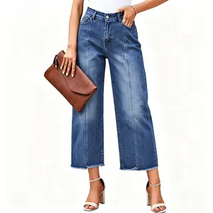 High Rise Raw Edge Cropped Jeans Women's High Waisted Wide Leg Cropped Denim Pants Loose Fit Straight Leg Casual Womenswear