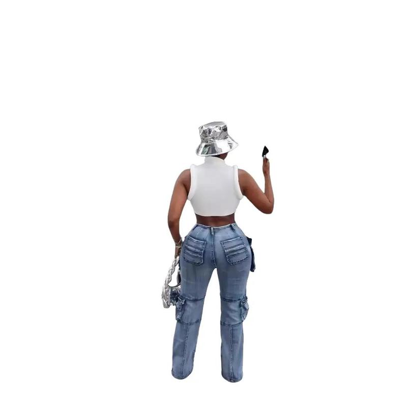 Women High Waisted Cargo Pants Wide Leg Casual Pants 6 Pockets Combat Military Trousers