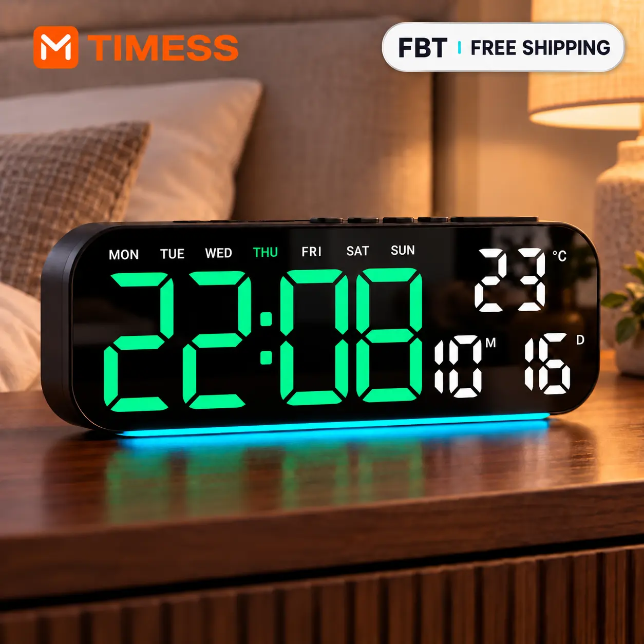 TIMESS Plastic Color-Backlit Large Display Digital Clock, 12/24H Alarm Clock with Temperature & Date, Bottom Ambient Glow, USB Phone Charger for Bedroom Office (Corded, Stylish Ambiance, All Ages)