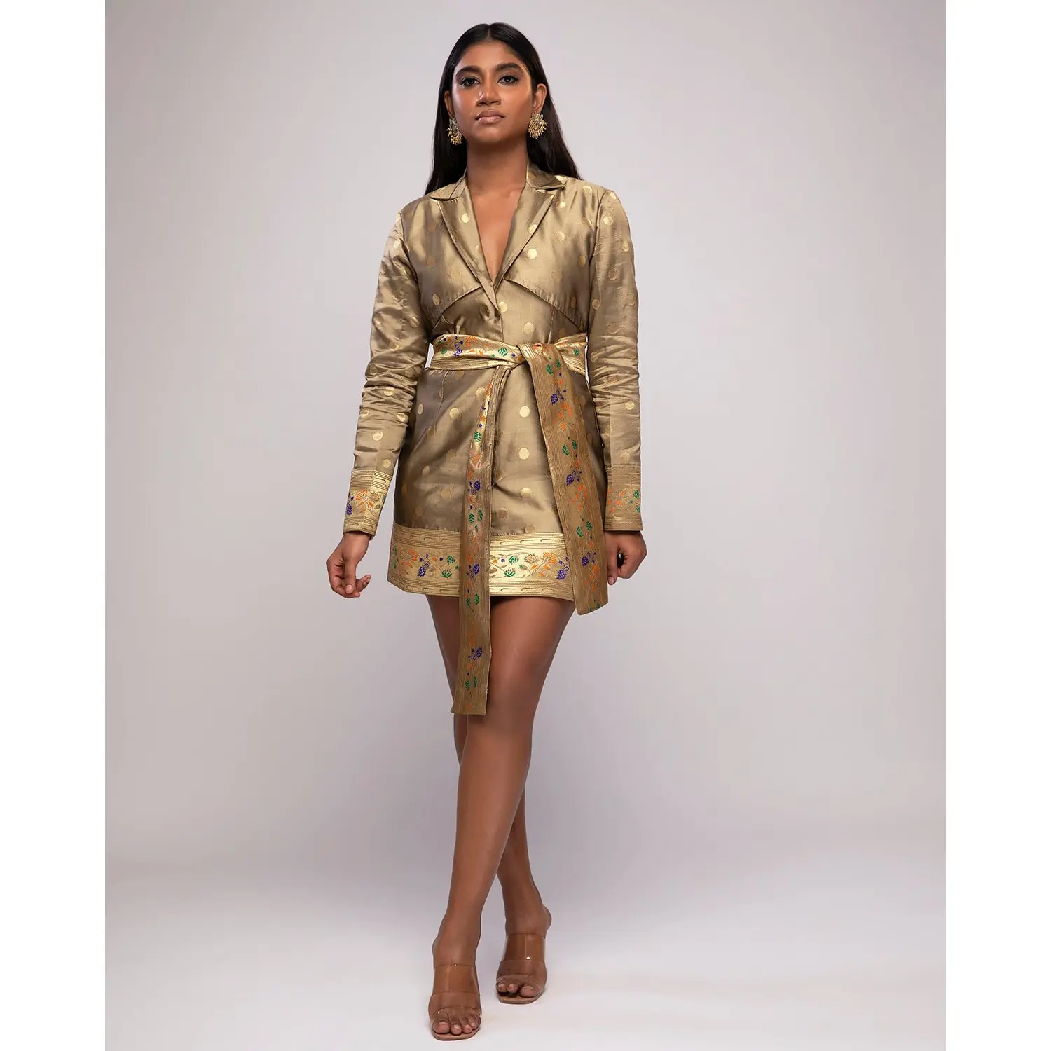 Taara Blazer Dress – Upcycled Olive Sari Blazer Dress with Cinched Waist & Brocade Silk Fabric