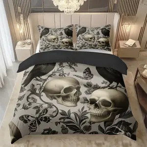 2/3Pcs Crow,Skull Pattern Decorative Duvet Cover Set,Digital Print(1*Duvet Cover+1/2*Pillowcase,No Filling)100% Polyester Fiber,Machine Washable,Gift For Family,Friends On Festivals,All Season Use