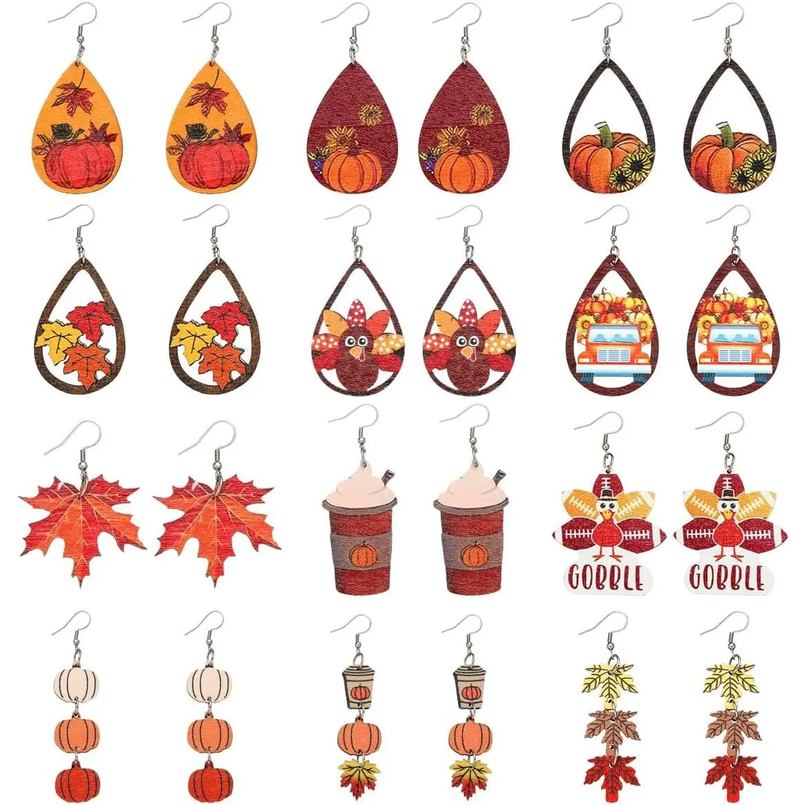 24 count Autumn Fall Earrings Set for Women, Maple Leaf Earrings-Turkey Earrings-Pumpkin Earrings-Sunflower Wooden Thanksgiving Earrings   Decor