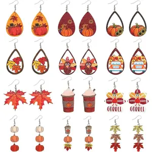24 count Autumn Fall Earrings Set for Women, Maple Leaf Earrings-Turkey Earrings-Pumpkin Earrings-Sunflower Wooden Thanksgiving Earrings   Decor