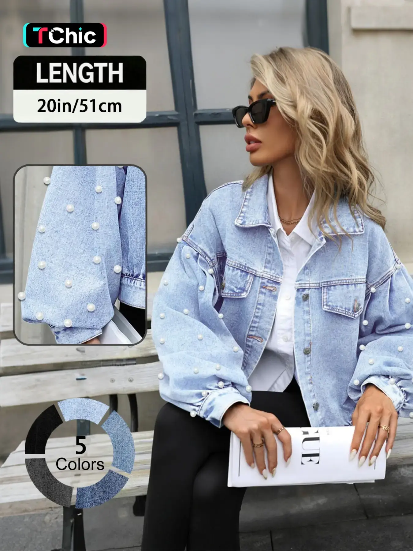 Women's Elegant Loose Fit Collared Light Wash Long Sleeve Denim Jacket, Coats, Embroidered Beaded Sleeves, Button Fly Closure, Casual Outerwear for Spring & Fall