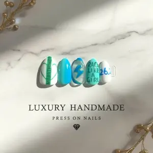 Luxury Handmade Race Day Press On Nails - BLUE/GREEN MARATHON Design for Women