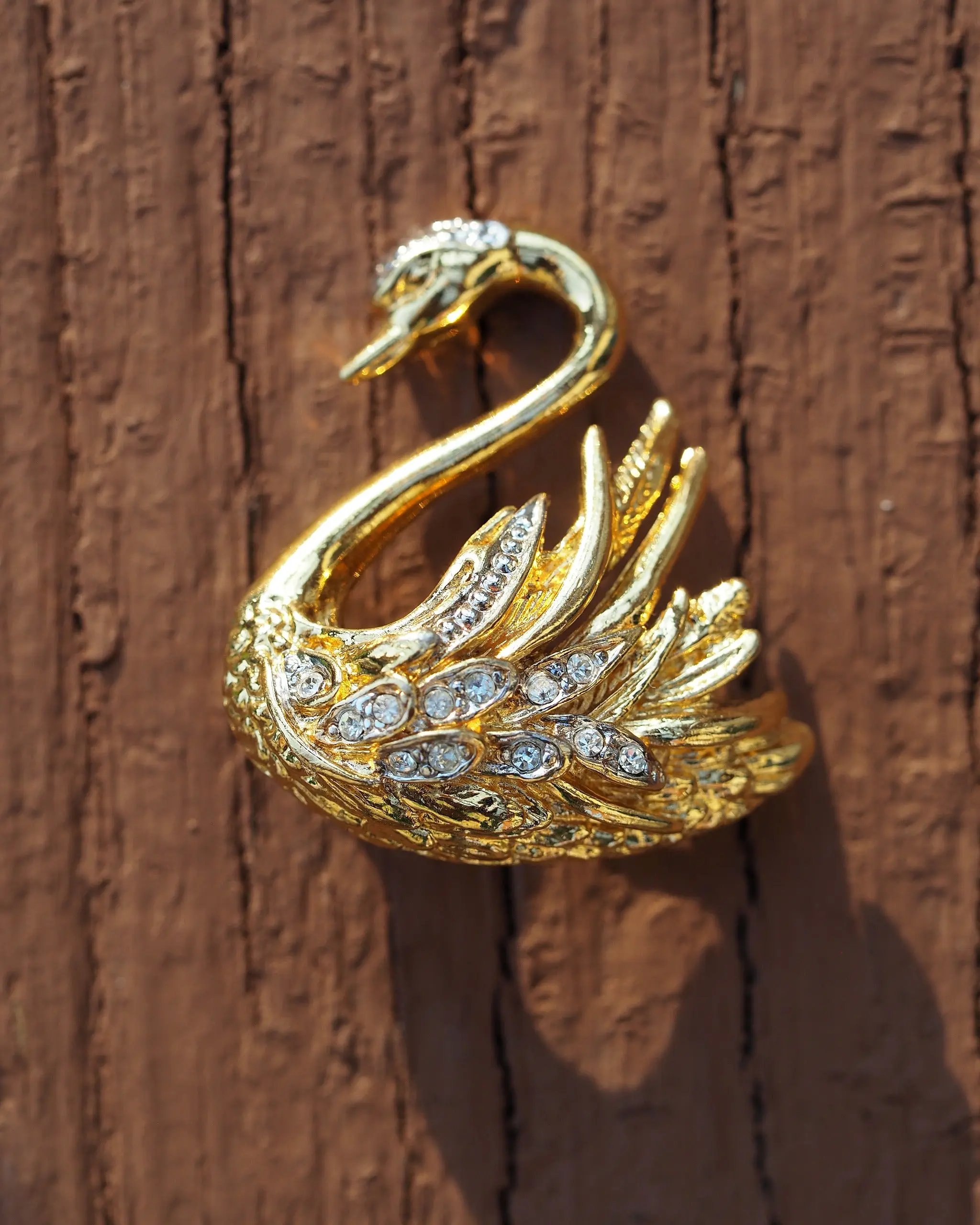 Vintage Marvella Rhinestone Swan Brooch Signed Gold-Tone 1960s