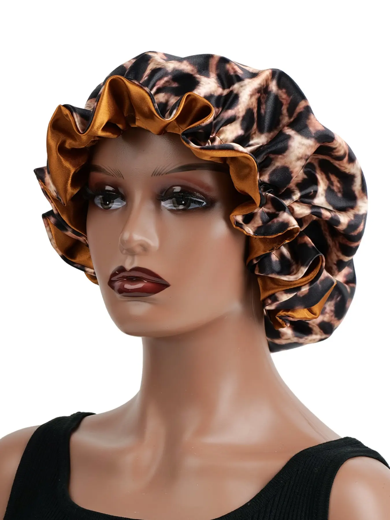 Luxurious Comfortable Fitted Style Lace Sleep Cap, Rose Leopard Print Elastic Wide Brim Satin Sleep Hat, Sleep Bonnets, Hair Protection Headwear, Haircare, Protective Headwear, Secure Fit, Smooth, Soft Touch, Bonnets For Sleeping