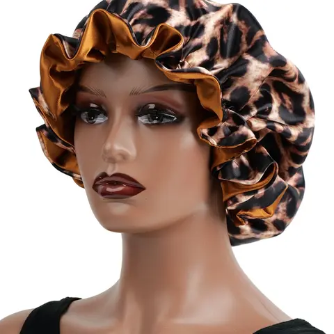 Luxurious Comfortable Fitted Style Lace Sleep Cap, Rose Leopard Print Elastic Wide Brim Satin Sleep Hat, Sleep Bonnets, Hair Protection Headwear, Haircare, Protective Headwear, Secure Fit, Smooth, Soft Touch, Bonnets For Sleeping