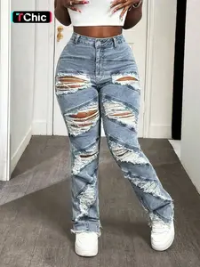 Women's New Fashion Denim Skinny Jeans, Elastic Comfortable Trendy Streetwear Fitted Ripped Design, Washed Craftsmanship, Long Regular Fit Pants
