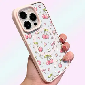 Cute Cherry MagSafe Phone Case Pink Cherry Pattern Protective Cover with Raised Camera Guard for iPhone 17 Pro Max cases 16 15 14 13 Pro Max
