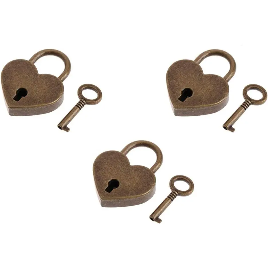 3Pcs Mini Bronze Antique Padlocks, Small Metal Heart-Shaped Padlocks with Keys for Friend, Family, Handbag, Storage Box, Diary Book (Archaize Style Hardware Lock), 1.5"L X 1.2"W X 0.26"T Inch