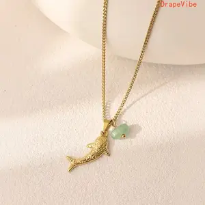 Women's Ocean‑Style Natural Stone Shark Pendant Necklace Minimalist‑Chain Fashion Jewelry For Daily Wear And Beach Vacations