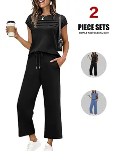 Two Piece Sets for Women Summer Spring Travel Vacation Outfits Cap Sleeve Lounge Matching Sets Wide Leg Pants S-2XL