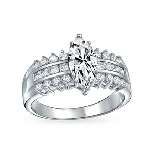European Style 2.5CT Marquise CZ Solitaire Engagement Ring Triple Row Band .925 Sterling Silver