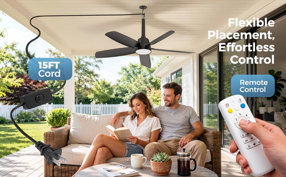 36 In Modern Plug-in Ceiling Fan with Round Blades, Dimmable LEDs, Remote Control, 6 Speeds, Reversible DC Motor, IP65 Waterproof Black Fan for Patios, Decks (Indoor-Outdoor Use for Outdoor Users), Ceiling Fan With Light, Abs+Pc