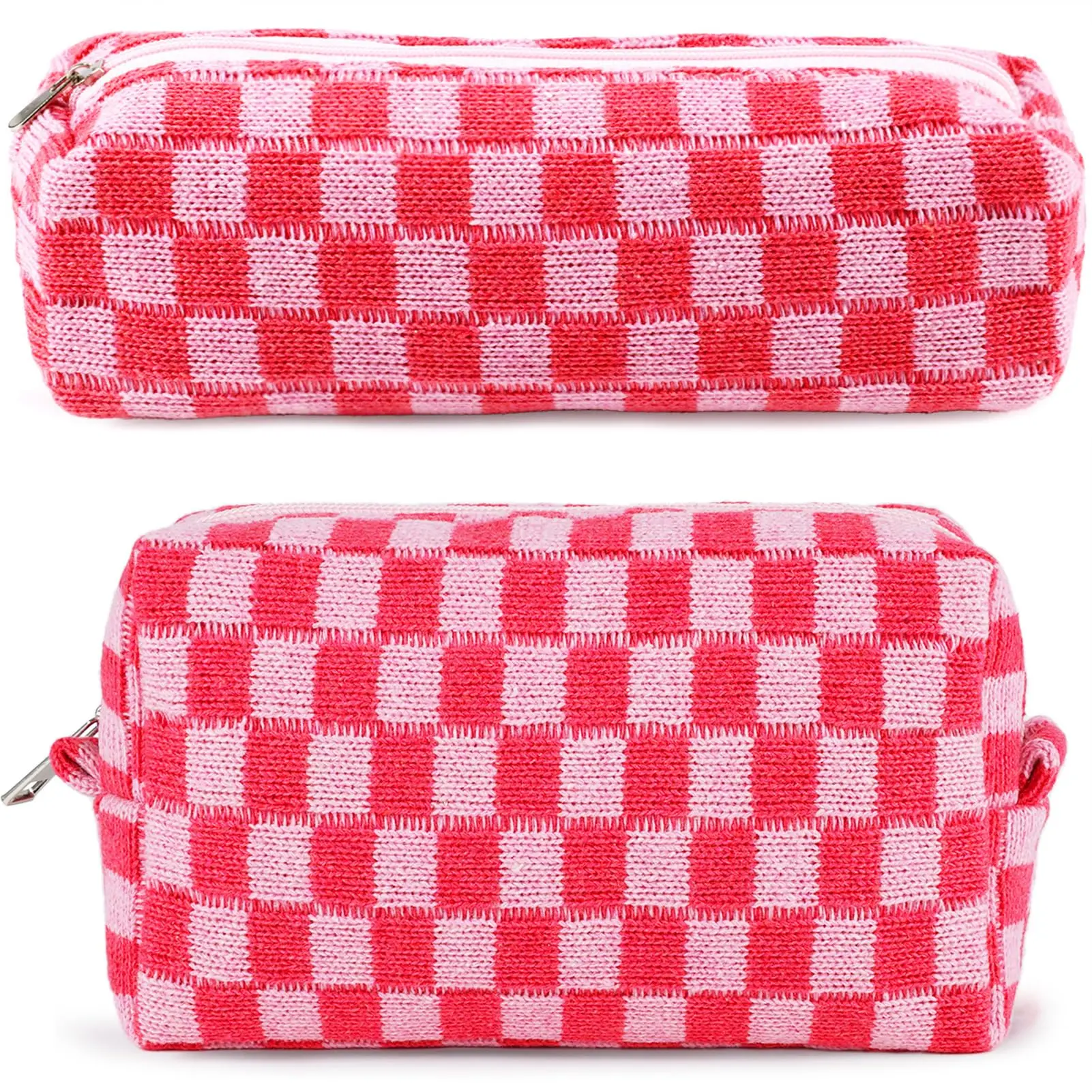 2pcs Checkered Makeup Bag For Women Pencil Pouch Travel Small Set Cute Purse Case Zippered Toiletry Bags Organizer Preppy Trendy Storage Bags(pink)
