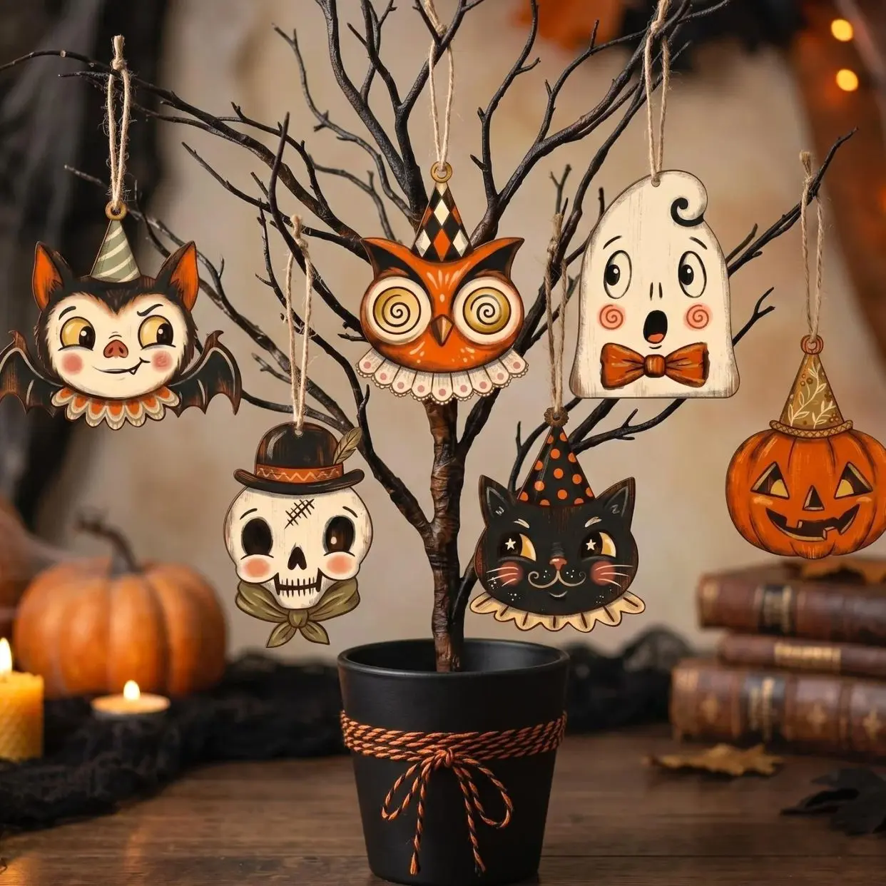 Mini Halloween Ornaments For Small Tree, Vintage Halloween Decor Indoor With Vampire, Cute Ghost, Pumpkin, Black Cat, Skeleton, Witch Owl