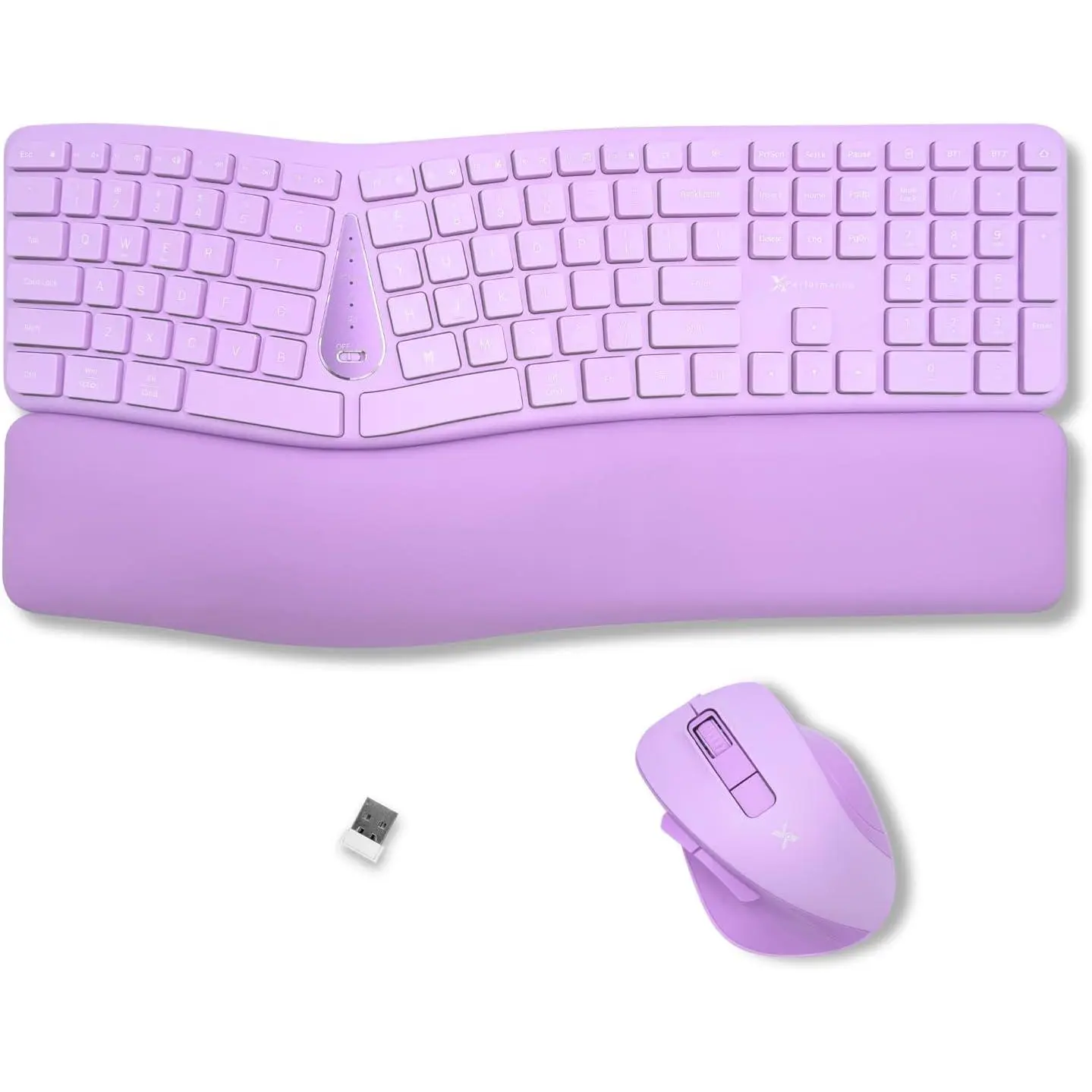 2.4G Purple Wireless Split Keyboard Combo with Soft Wrist Rest Pillow - Rechargeable, Silent, Ergonomic, Multi-Device, Long-Lasting - for PC, Laptop, iPad, iOS, Android Work Use, Soft Pillow