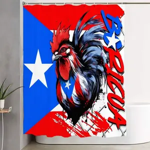 1/4pcs Puerto Rican Pride Shower Curtain Set - Vibrant Rooster & Flag Design with "BORICUA" Script, Includes Toilet Seat Cover & Bath Rugs, Perfect for Celebrating Culture in Your Bathroom Decor, Modern White Tile Setting Bathroom Decoration Accessories