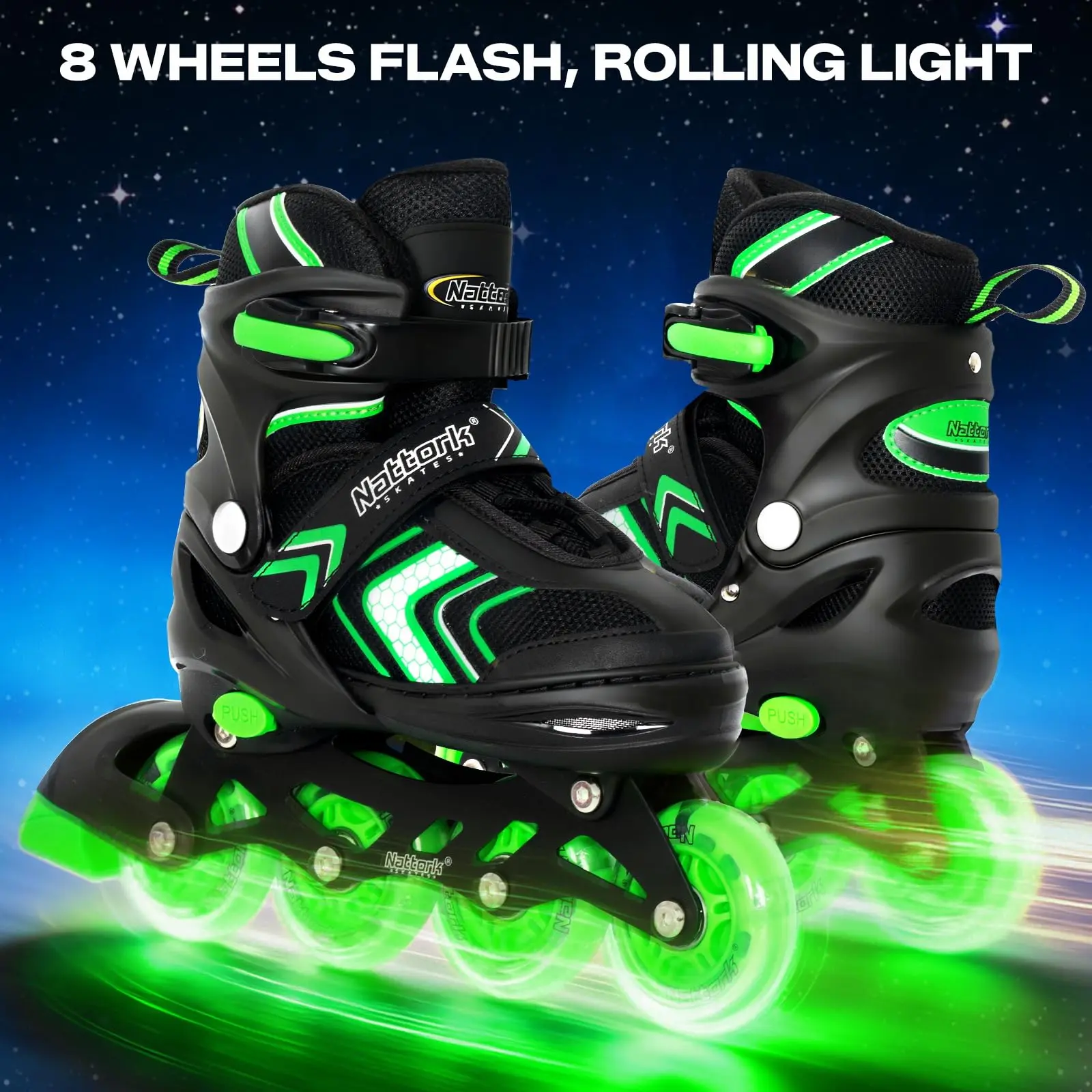 Nattork Beginner Inline Skates for Kids, 4-Size Adjustable with 8 Light-Up Polyurethane Wheels, a Secure Buckle, and ABEC-7 Bearings, 82A Pu, Medium-Big Kid (1-4 Us), Triple Protection, Roller Inline Skates