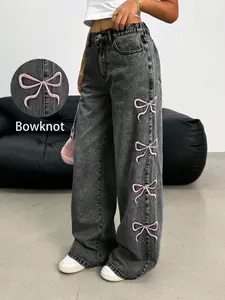 Teen Girls Side Bow Embroidered Jeans, Bowknot Geometric Design Loose Fit High Waist, Button Fly Long Regular Pants for All Seasons