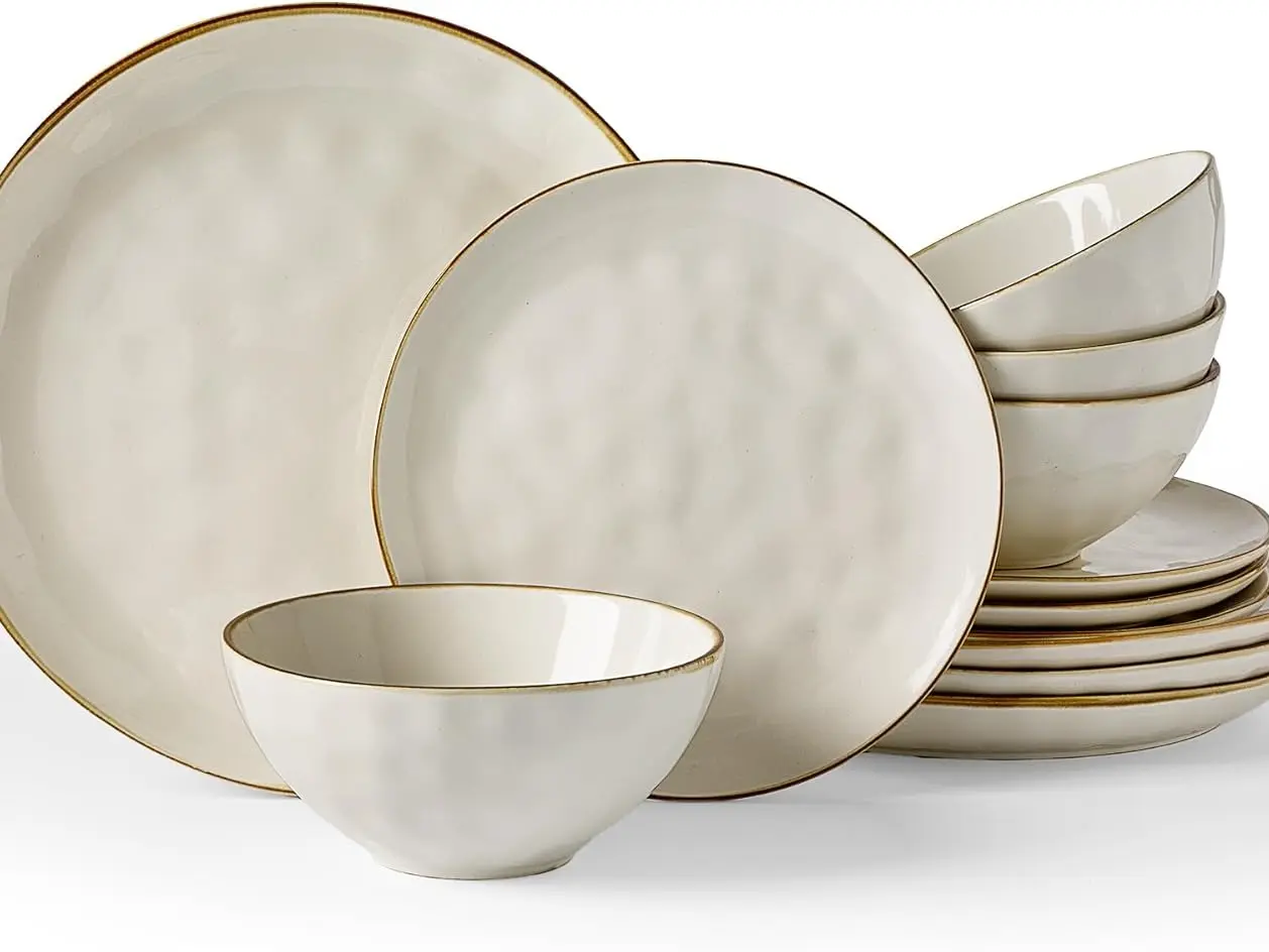 ONE of ONE Dinnerware Sets for 4, Ocean Round 12-Piece Kitchen Plates and Bowls Sets, Reactive Glaze, Microwave and Dishwasher Safe, Scratch Resistant,