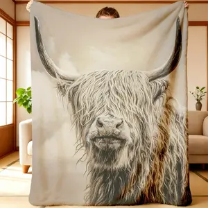 Vintage Highland Cow Pattern Blanket Super Soft Anti-Static Machine Washable Flannel Foldable for Camping Travel Home Use All Seasons Polyester Material