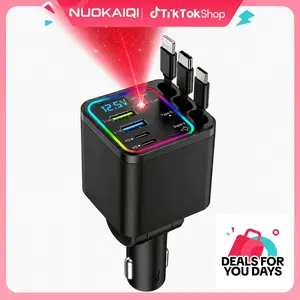 120W Max Ultra-Fast Car Charger Station - 4 Ports, 3 Cables,Star Projector,Star Projector Real-Time Voltage Monitor, RGB Lights, Compatible with All Devices, Road Trip Console Decluttering Essential
