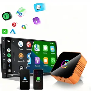 The new Yurnlv CarPlay 2026 wireless adapter in orange is compatible with iPhone/Android and features fast connection speeds, hands-free calling, electronic charging, and a compact orange design.
