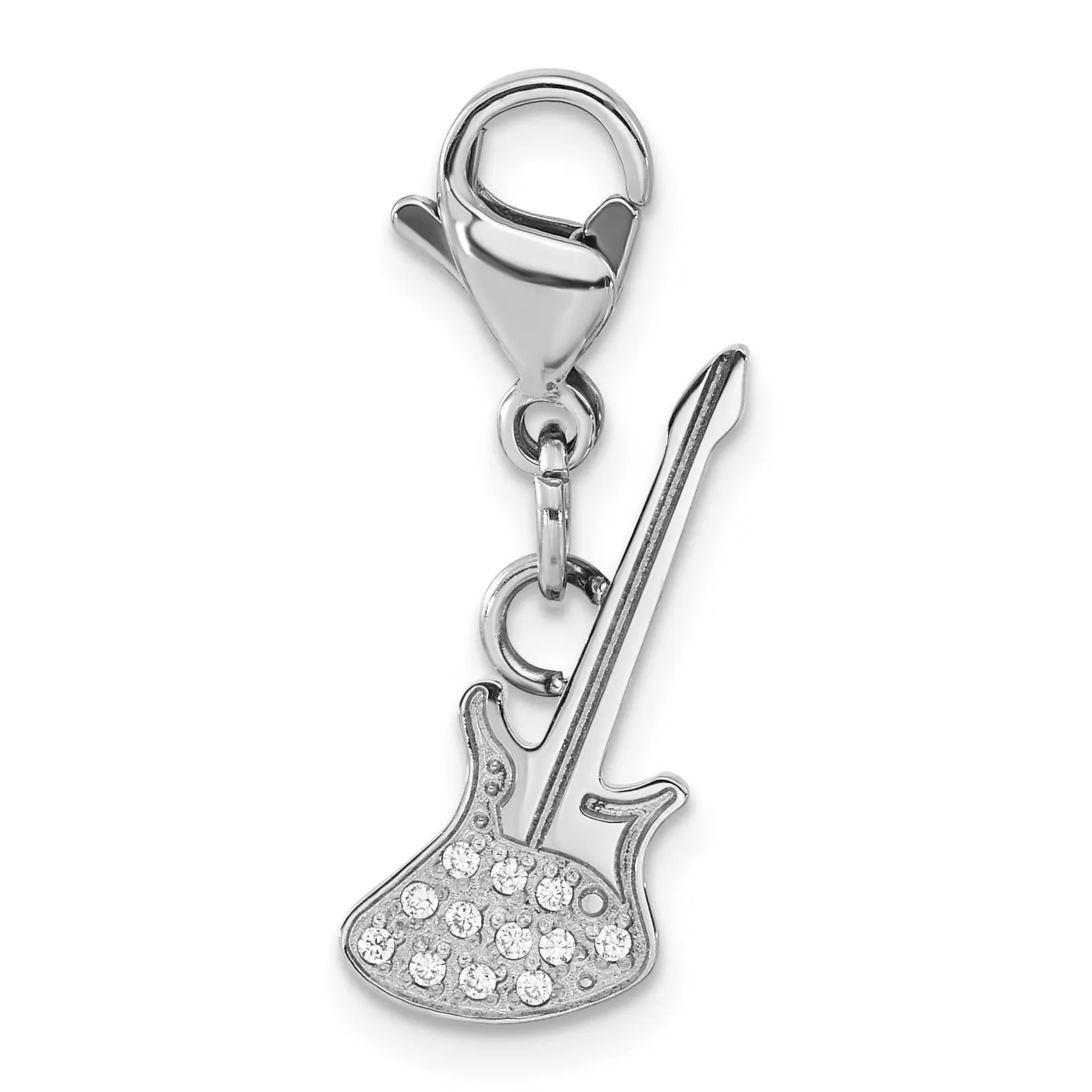 Unisex Stainless Steel CZ Guitar Charm, Cubic Zirconia Synthetic/Simulated Coloured Gemstone Accessory with Lobster Clasp for Everyday Use, Cubic Zirconia (Cz)