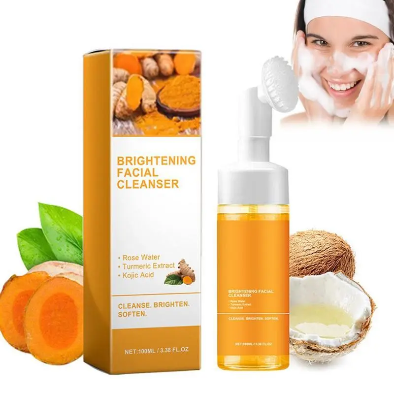 Turmeric Foaming Face Wash with Built-in Scrub Brush, Deep Cleansing Facial Mousse with Kojic Acid for Glowing Skin and Oil Control, For All Skin Types, 100ml, Cleanser, Facial Cleansing