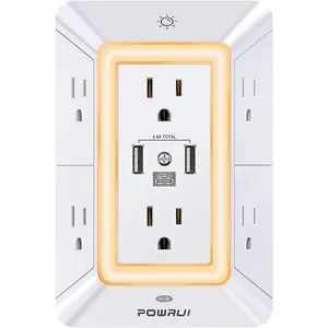 POWRUI Multi Plug 6 Outlet Surge Protector Extender with 3 USB Ports (1 USB C) and Night Light, 3-Sided Power Strip with Adapter Spaced Outlets, ETL Listed, White