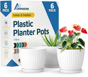 6-Inch Plant Pots with Drainage & Saucers 6 Pack, Indoor & Outdoor Planters for Houseplants, Herbs, and Flowers, Durable & Weatherproof Material, Stackable, Lightweight, Minimalist Design