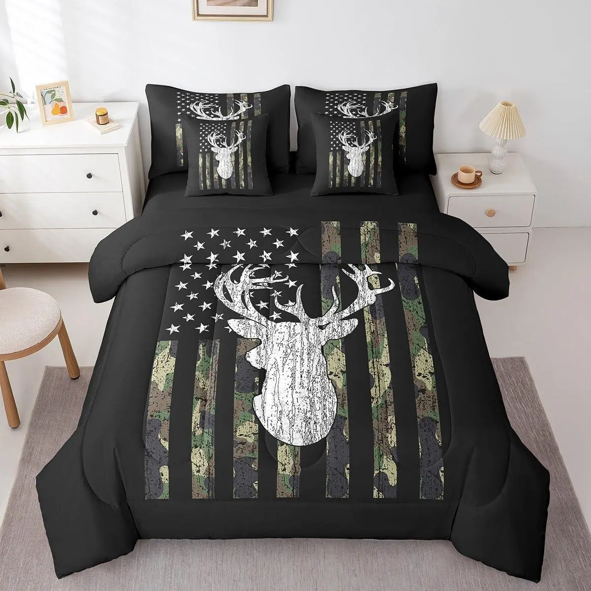 7 Piece Deer Camo Comforter Bed Set with Sheets,Hunting Camouflage American Flag Bed Bag,Kids Boys Men Rustic Farmhouse Cabin Bedding Set,Army Green Bed Set