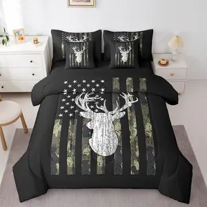 7 Piece Deer Camo Comforter Bed Set with Sheets,Hunting Camouflage American Flag Bed Bag,Kids Boys Men Rustic Farmhouse Cabin Bedding Set,Army Green Bed Set
