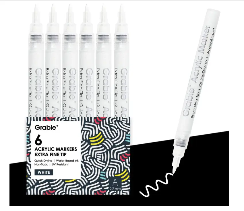 6 White Acrylic Paint Markers, 0.7mm Extra Fine Tip Acrylic Paint Pens for Drawing, Coloring Books for Adults