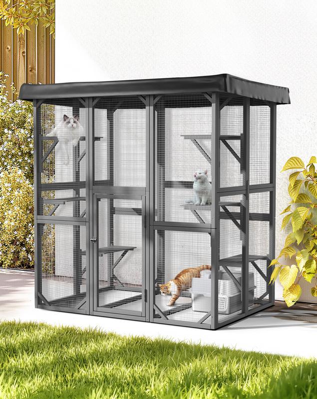 Outdoor Cat Enclosure Large Cat House for Mulitiple Cats Walk in Kitty Cage with Tarp Roof Cat Enclosures, with Upgraded Resting Box,Waterproof Roof, 71" *35''*67'', Pet Valentine's Day