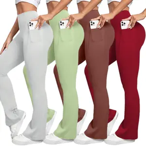 Women's Flare Yoga Pants Ribbed Bootcut Leggings High Waisted Flares Bottom Workouts Trousers with Pockets Athletic Wear Long Length Solid Color High Stretch Sports Jogger Sweatpants - Skinny Sportswear