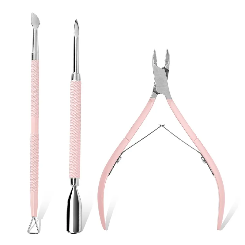 Makartt Pink 3-Piece Nail Care Pedicure Tool Kit for Adults - Professional Stainless Steel Nippers, Clippers, Dual-Spring Dual-End Spoon-Push Cuticle Tool, Scraper for At-Home Gel X Manicure Nail Art Accessories